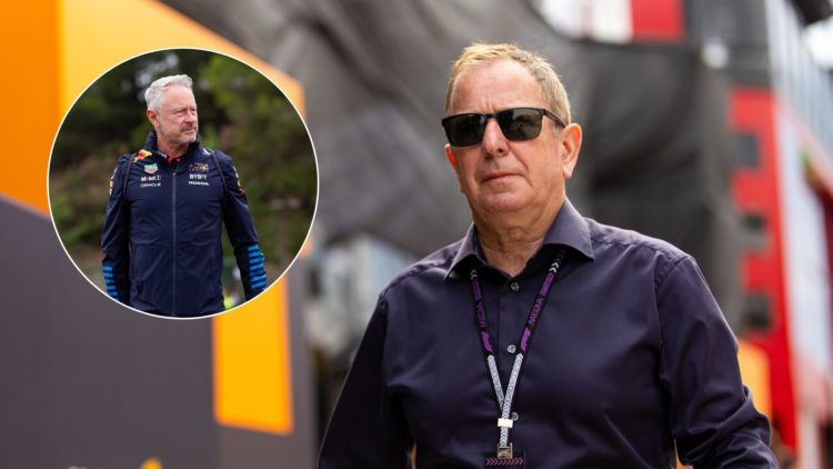 Sky Sports F1 pundit Martin Brundle walks through the paddock at the 2024 Hungarian Grand Prix. Inset, Red Bull sporting director and future Audi/S...