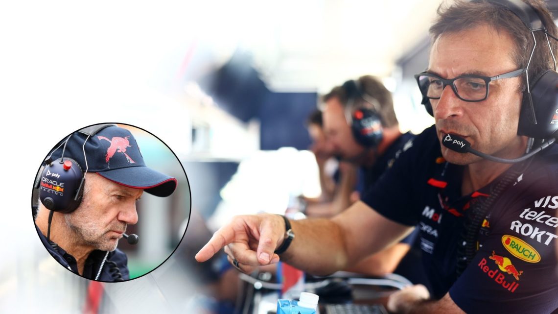 Red Bull technical director Pierre Wache on the pit wall during the 2024 Formula 1 Austrian Grand Prix. Inset, Red Bull chief technical officer Adr...