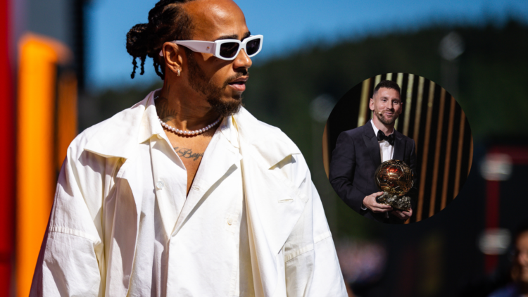 Lewis Hamilton walks through the paddock at the Belgian Grand Prix, inset Lionel Messi holds the Ballon D'Or in 2023
