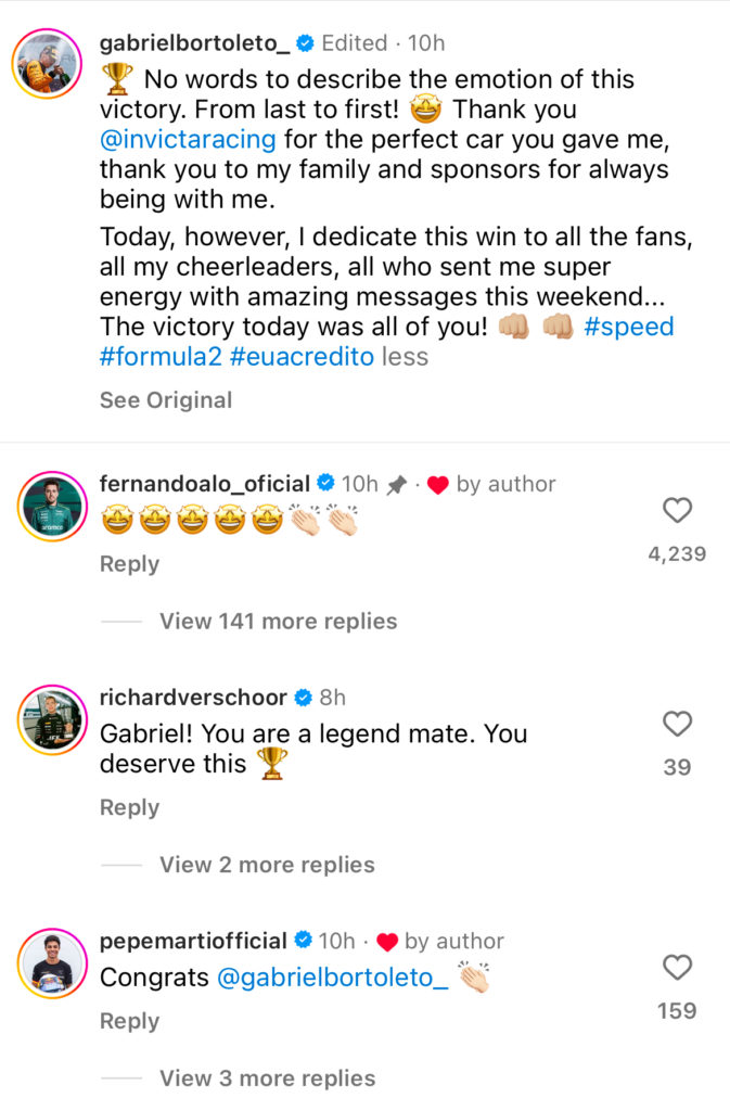 Fernando Alonso loved Gabriel Bortoleto’s F2 Feature Race performance
