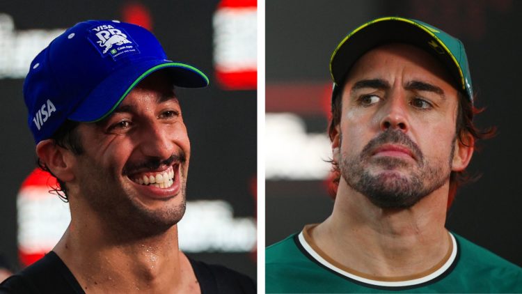 Visa Cash App RB driver Daniel Ricciardo (left) speaks to the media after the 2024 Formula 1 Singapore Grand Prix, Aston Martin driver Fernando Alo...