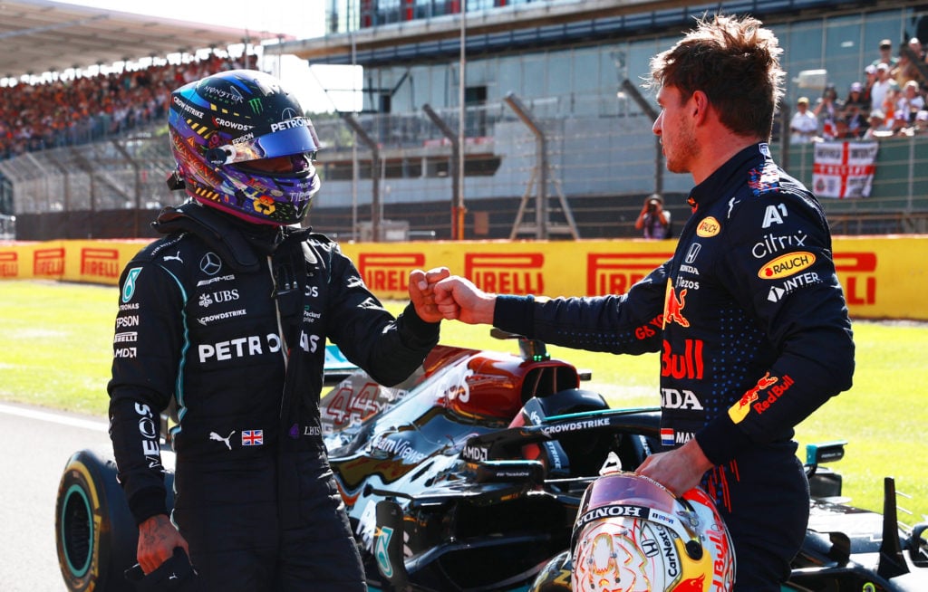 Max Verstappen and Lewis Hamilton bumping fists after the 2021 British GP sprint