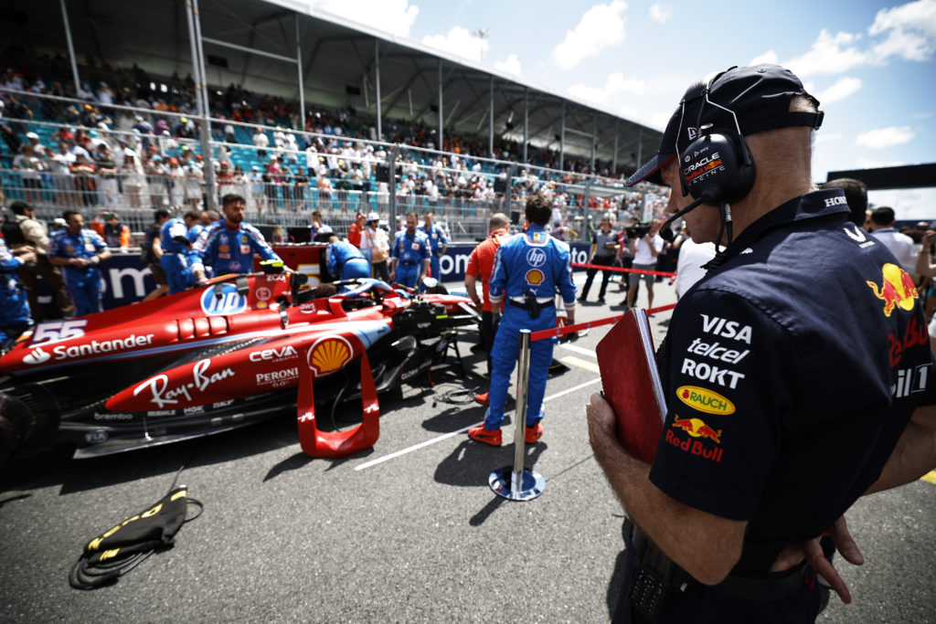 Adrian Newey of Red Bull stares at Carlos Sainz's Ferrari at the 2024 Miami Grand Prix
