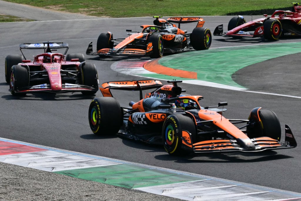 Oscar Piastri ahead of Charles Leclerc, Lando Norris and Lewis Hamilton during the 2025 Italian Grand Prix.