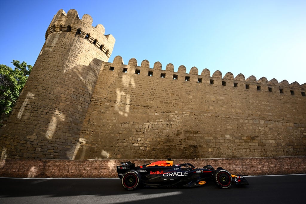 Red Bull driver Max Verstappen on track through Baku's Old City during the 2024 F1 Azerbaijan Grand Prix