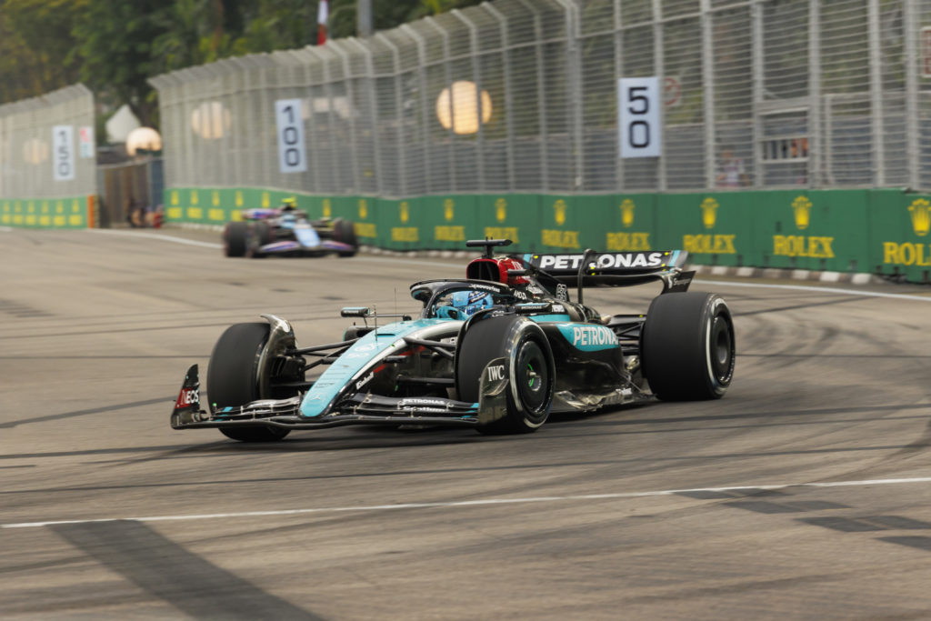 George Russell of Great Britain drives the (63) Mercedes AMG