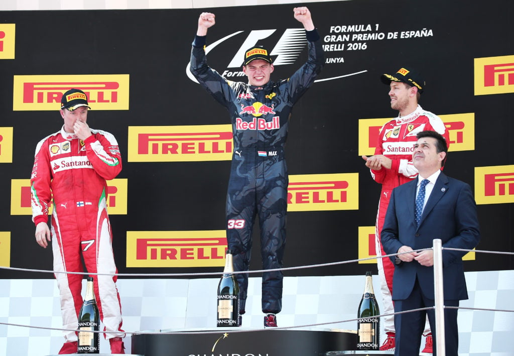 Max Verstappen on the podium of the 2016 Spanish Grand Prix with Kimi Raikkonen and Sebastian Vettel.