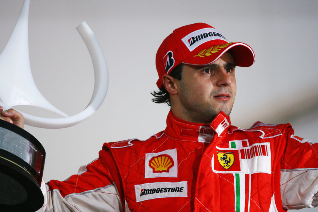 Felipe Massa on the podium at the 2008 Brazilian Grand Prix