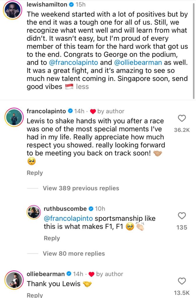 Lewis Hamilton sends message to Franco Colapinto and Oliver Bearman after the Azerbaijan Grand Prix