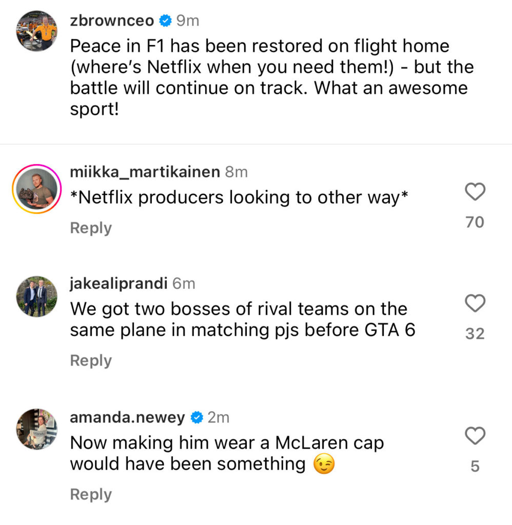 Amanda Newey comments on Zak Brown and Christian Horner travelling together after the Singapore Grand Prix