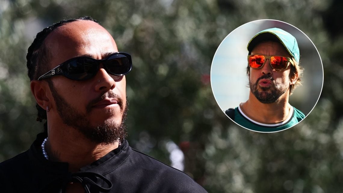 Mercedes driver Lewis Hamilton reacts ahead of the 2024 Formula 1 Azerbaijan Grand Prix. Inset, Aston Martin driver Fernando Alonso arrives in the ...