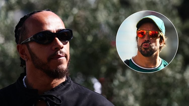 Mercedes driver Lewis Hamilton reacts ahead of the 2024 Formula 1 Azerbaijan Grand Prix. Inset, Aston Martin driver Fernando Alonso arrives in the ...
