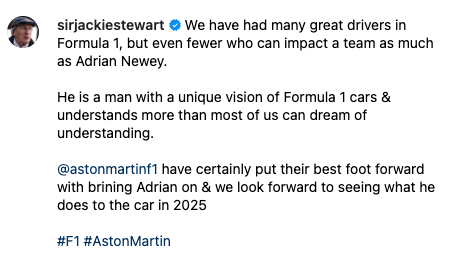 Sir Jackie Stewart reacts to the news that Adrian Newey has joined Aston Martin