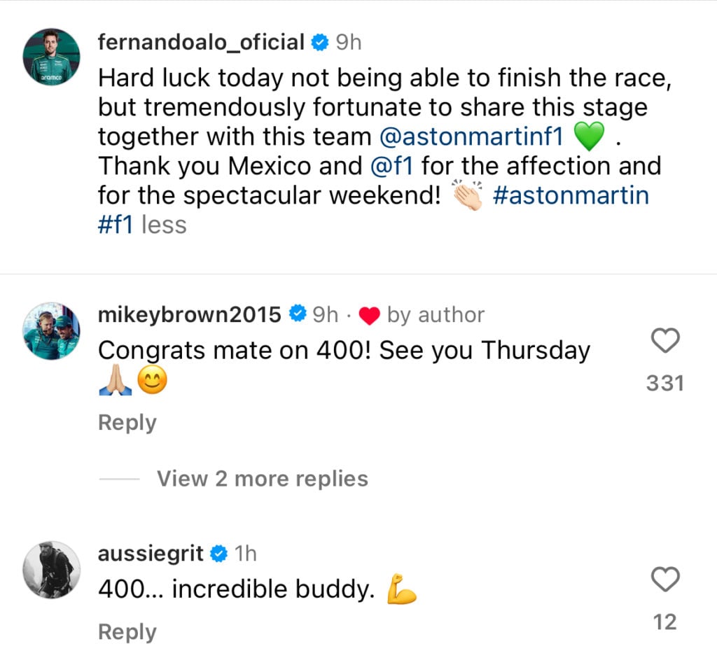 Mark Webber congratulates Fernando Alonso on reaching 400 Formula 1 entries