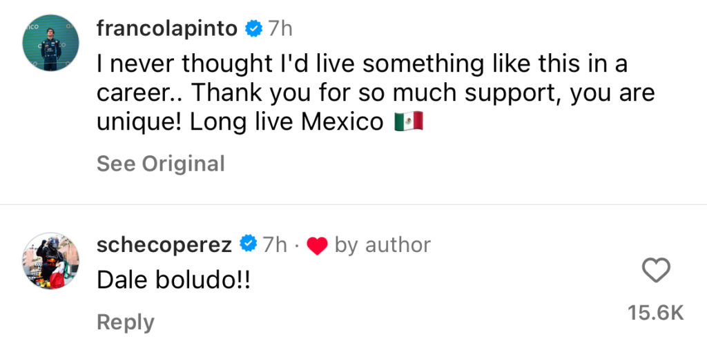 Sergio Perez sends encouraging message to Franco Colapinto after the Mexico City Grand Prix