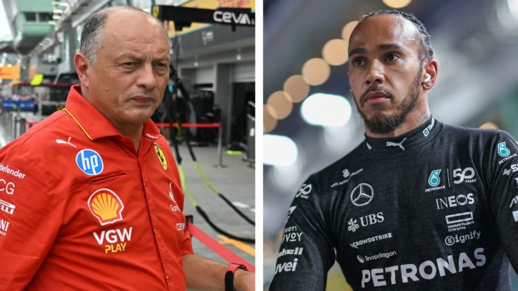 Ferrari team principal Frederic Vasseur walks in the pit lane before FP3 at the 2024 Formula 1 Singapore Grand Prix, Mercedes driver Lewis Hamilton...