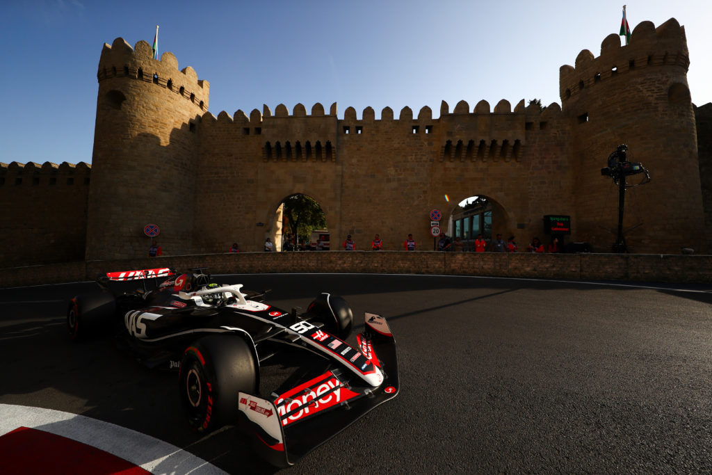 Haas driver Oliver Bearman on track during qualifying for the 2024 F1 Azerbaijan Grand Prix while deputising for the banned Kevin Magnussen