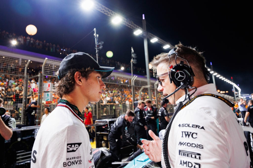 Mercedes Junior Driver Andrea Kimi Antonelli (L) speaks with