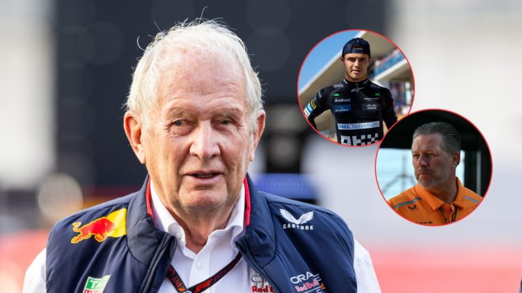 Red Bull motorsport advisor Helmut Marko walks through the paddock before the F1 Sprint at the 2024 United States Grand Prix. Inset, McLaren driver...