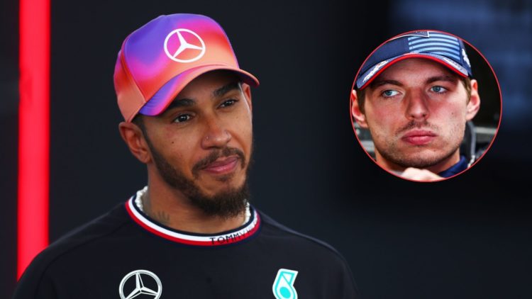 Mercedes driver Lewis Hamilton speaks to the media after the 2024 F1 United States Grand Prix. Inset, Red Bull driver Max Verstappen sets up his ca...