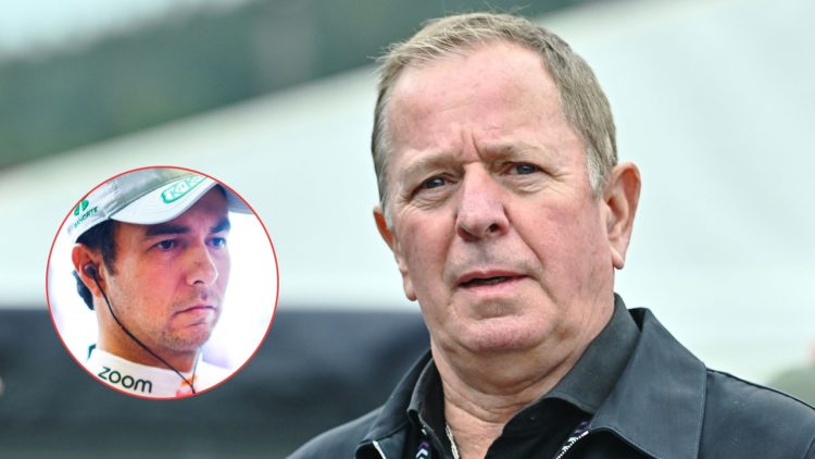 Sky Sports F1 pundit Martin Brundle looks on during qualifying for the 2024 Bahrain Grand Prix. Inset, Red Bull driver Sergio Perez looks dejected ...