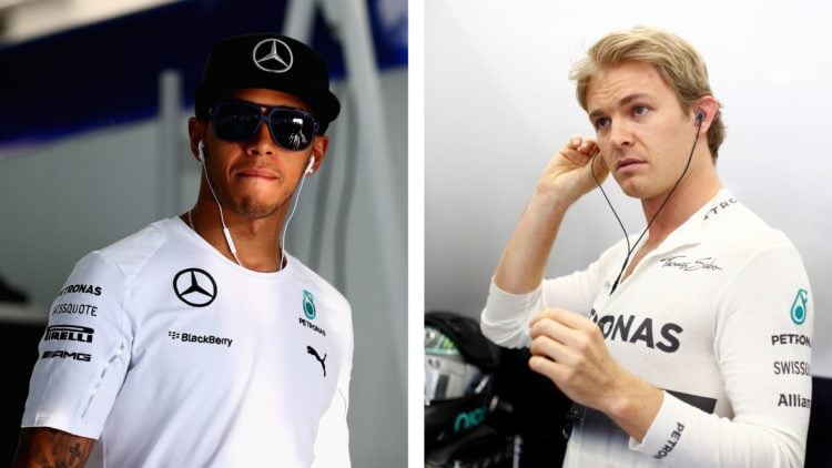 Mercedes 2014 Formula 1 drivers Lewis Hamilton (left) and Nico Rosberg (right) attend the 2014 Bahrain Grand Prix in Sakhir.