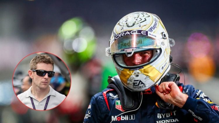 Red Bull Racing driver Max Verstappen (right) walks through parc ferme after the F1 Sprint at the 2024 Qatar Grand Prix. Inset, Sky Sports F1 pundi...