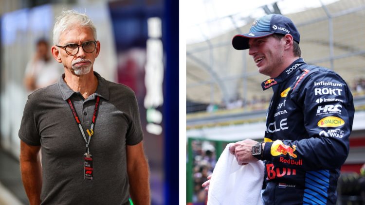 Sky Sports F1 pundit Damon Hill (left) walks through the paddock at the 2024 Sao Paulo Grand Prix in Brazil, Red Bull driver Max Verstappen (right)...