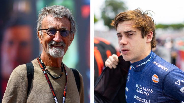Former Formula 1 team owner Eddie Jordan (left) walks through the paddock at the 2024 Monaco Grand Prix. Williams driver Franco Colapinto (right) p...
