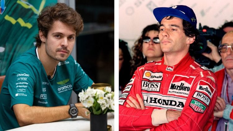 Aston Martin reserve driver Felipe Drugovich (left) speaks to the media before the 2024 Formula 1 Sao Paulo Grand Prix. McLaren driver Ayrton Senna...