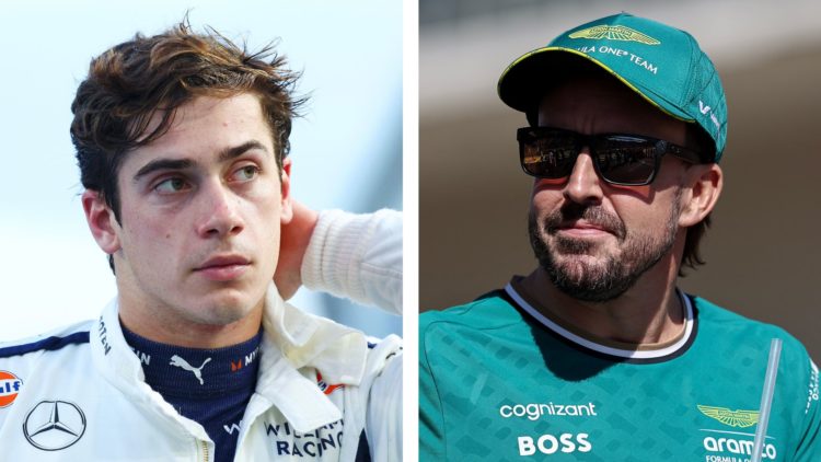 Williams Racing driver Franco Colapinto (left) walks through the paddock at the 2024 Singapore Grand Prix. Aston Martin driver Fernando Alonso (rig...
