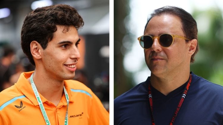 Gabriel Bortoleto (left), Audi's 2025 Sauber signing, walks through the 2024 Sao Paulo Grand Prix paddock as a McLaren Academy Driver. Felipe Massa...