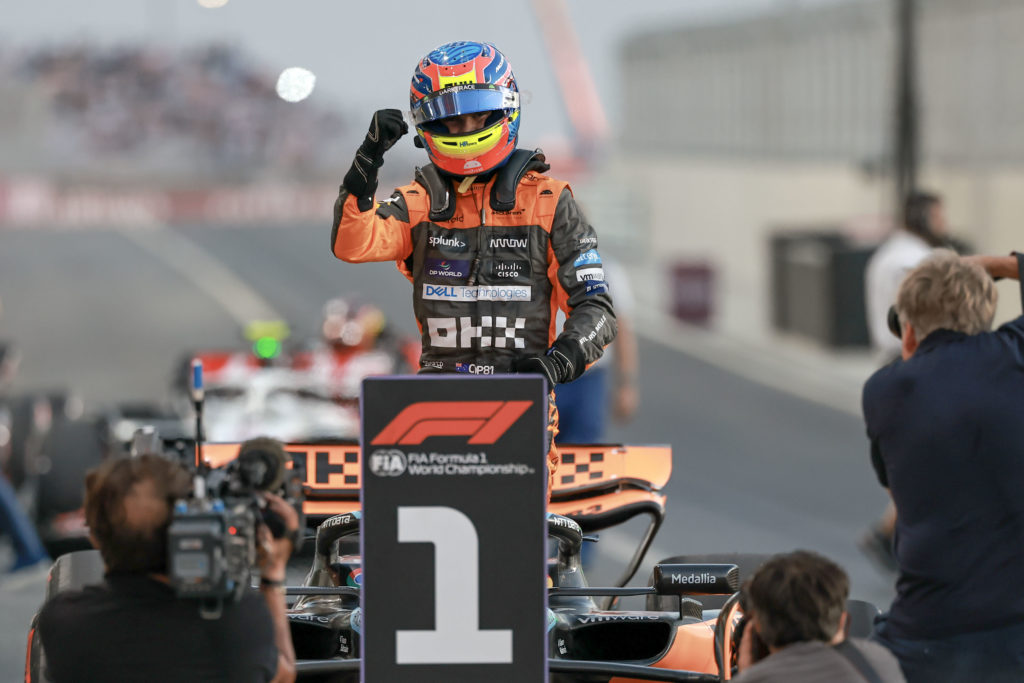 McLaren driver Oscar Piastri celebrates winning the F1 Sprint at the 2023 Qatar Grand Prix