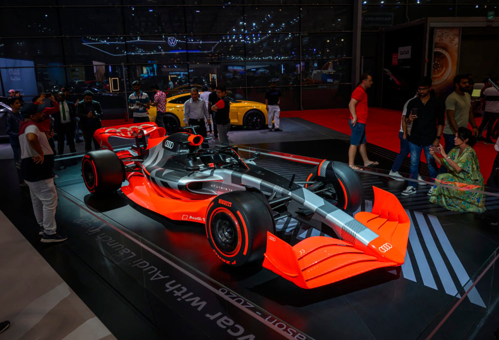A model Audi F1 car on display at the Geneva International Motor Show in Qatar in 2023