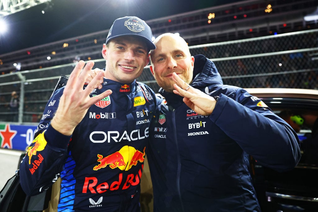 Max Verstappen and Gianpiero Lambiase celebrate winning the F1 championship at the 2024 Las Vegas Grand Prix