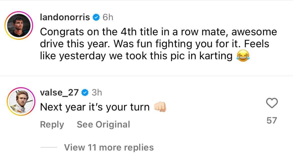 Davide Valsecchi tells Lando Norris it’s his turn to win the F1 championship in 2025