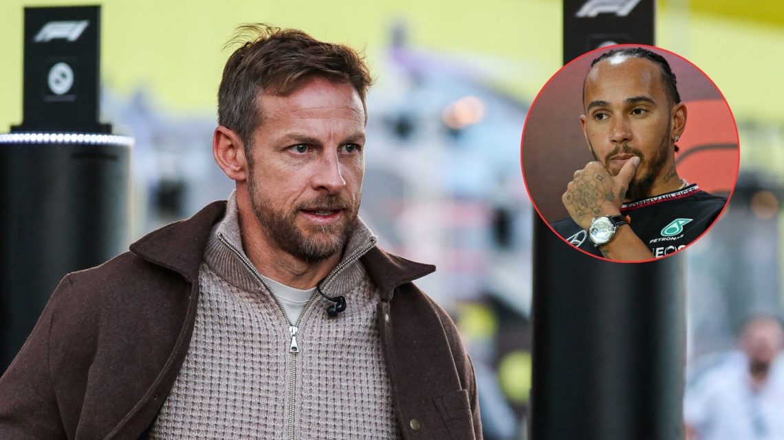 Sky Sports F1 pundit Jenson Button (left) arrives in the paddock at the 2024 Las Vegas Grand Prix. Inset, Mercedes F1 driver Lewis Hamilton reacts ...