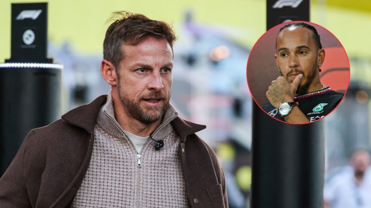 Sky Sports F1 pundit Jenson Button (left) arrives in the paddock at the 2024 Las Vegas Grand Prix. Inset, Mercedes F1 driver Lewis Hamilton reacts ...