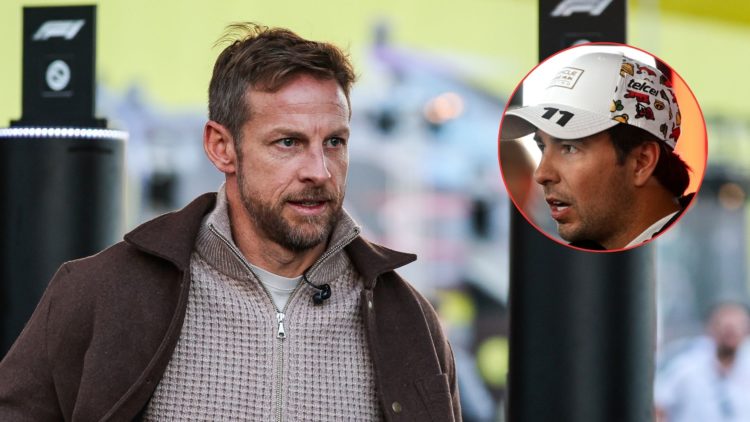 Sky Sports F1 pundit Jenson Button (left) arrives in the paddock at the 2024 Las Vegas Grand Prix. Inset, Red Bull Racing driver Sergio Perez speak...