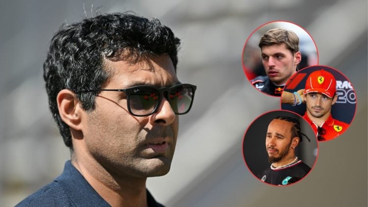 Sky Sports F1 pundit Karun Chandhok (left) walks through the paddock at the 2024 Azerbaijan Grand Prix in Baku. Inset, Red Bull Racing driver Max V...