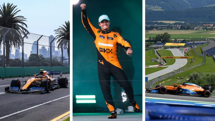 McLaren driver Lando Norris (left) makes his Formula 1 debut at the 2019 Australian Grand Prix. McLaren driver Lando Norris (centre) celebrates win...