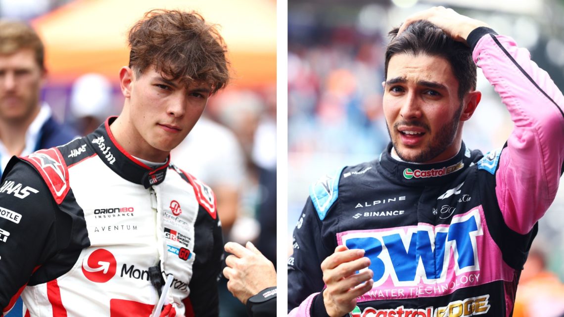 Haas 2025 Formula 1 driver Oliver Bearman (left) speaks to team principal Ayao Komatsu before the 2024 Sao Paulo Grand Prix. Alpine driver Esteban ...