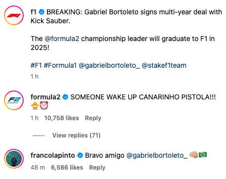 Franco Colapinto sends a message to Gabriel Bortoleto after signing for Sauber