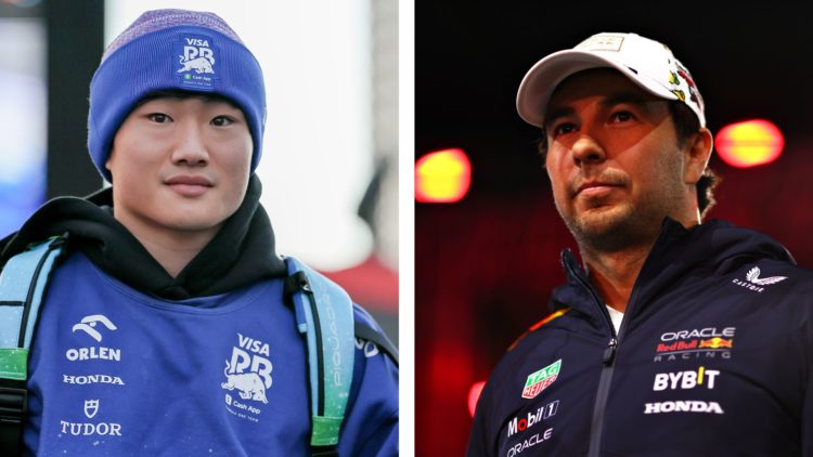 Visa Cash App RB driver Yuki Tsunoda (left) arrives in the paddock before the 2024 Formula 1 Las Vegas Grand Prix. Red Bull Racing driver Sergio Pe...