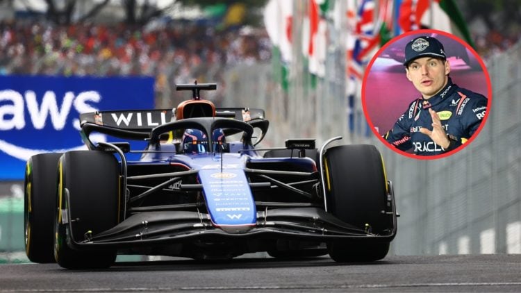 Williams Racing driver Alex Albon enters the pit lane at the 2024 Sao Paulo Grand Prix in Brazil. Inset, Red Bull Racing driver Max Verstappen spea...