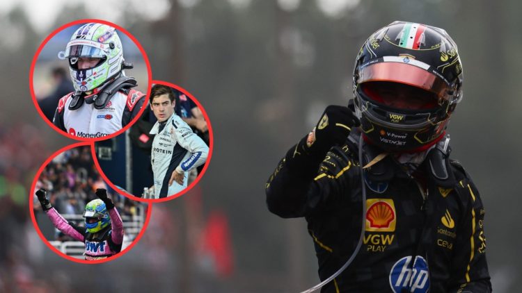 Ferrari driver Charles Leclerc celebrates winning the 2024 Formula 1 Italian Grand Prix at Monza. Inset, Haas driver Nico Hulkenberg (top) reacts a...
