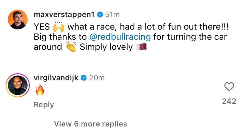 Virgil van Dijk reacts to Max Verstappen winning the Qatar Grand Prix