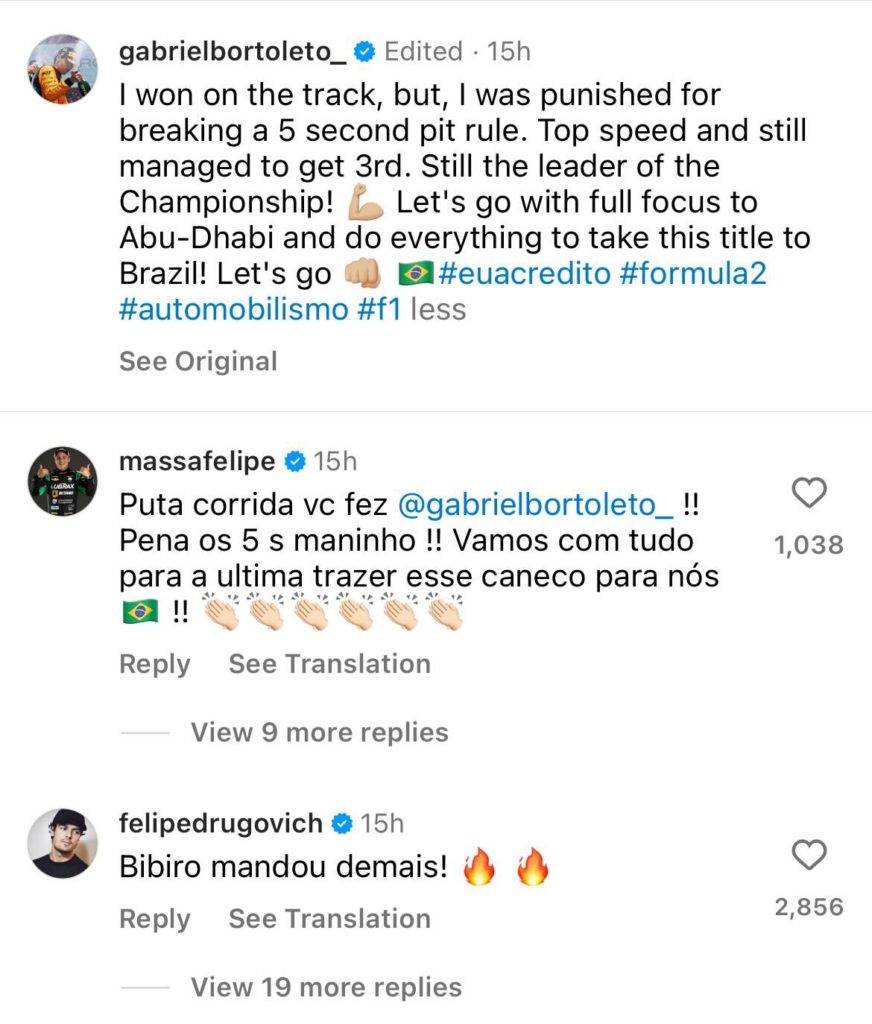 Felipe Massa reacts to Gabriel Bortoleto’s performance in F2 at the Qatar Grand Prix