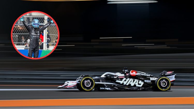 Haas F1 Team driver Kevin Magnussen driving on track in the 2024 Qatar Grand Prix. Inset, Mercedes F1 driver George Russell celebrates his victory ...