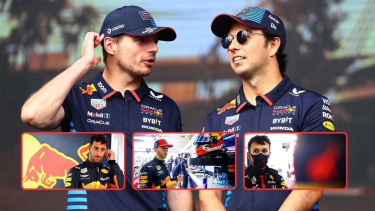 Red Bull drivers Max Verstappen and Sergio Perez speak at a fans' forum at the 2024 F1 Singapore Grand Prix. Insets, Red Bull driver Daniel Ricciar...